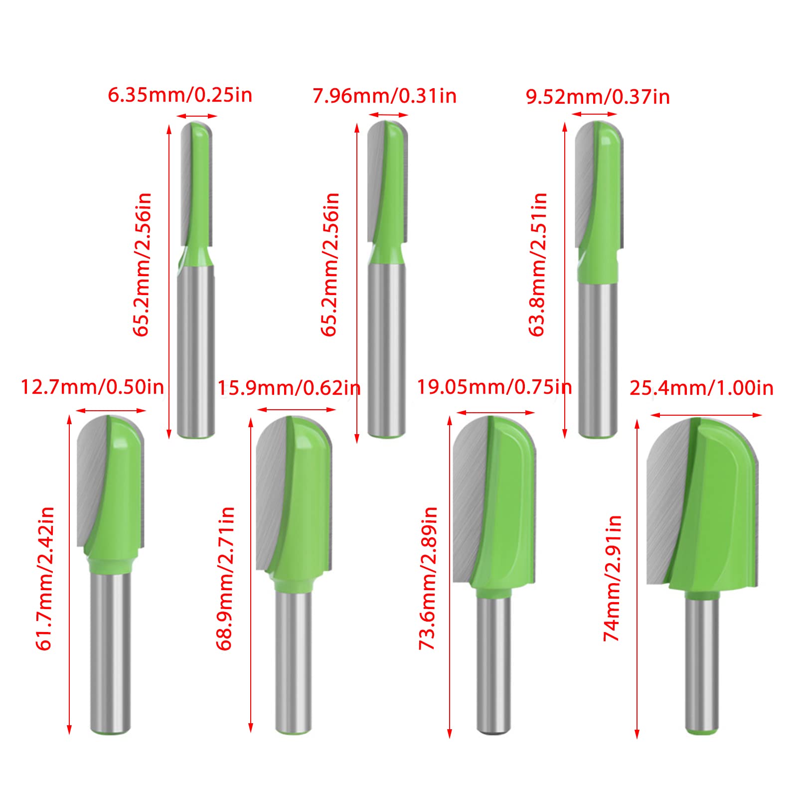 Set di 7 punte per fresa per scatola con nucleo con gambo da 8 mm, punte tonde professionali per scatole con naso tondo, lega di acciaio al tungsteno, fresa per la lavorazi
