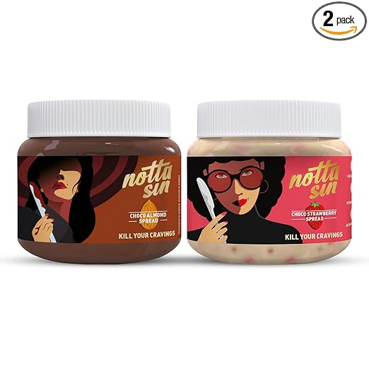 Notta Sin Duo: Choco Almond & Choco Strawberry Spreads | No Added Sugar - Contains Monk Fruit & Stevia | Nourishing Almonds | Crunchy Strawberry Bits | Rich in Fiber & Protein |Perfect for Bread Spread, Desserts | (80G x 2)