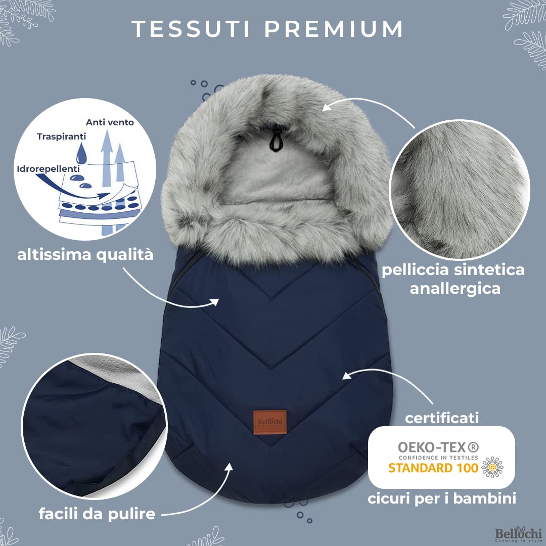 Bellochi Sacco Passeggino Universale Coprigambe Passeggino Universale - Comodo e Caldo Sacco Ovetto Invernale con Cerniera e Cappuccio Staccabile - Blu Scuro