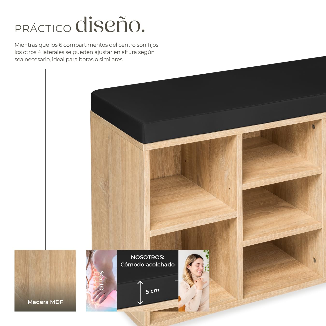 tectake® Zapatero Madera con cojín extraíble, estanteria Zapatero Ajustable, Mueble Entrada recibidor, Organizador Zapatos, Banco Madera para Guardar Zapatos - Negro/Roble Claro