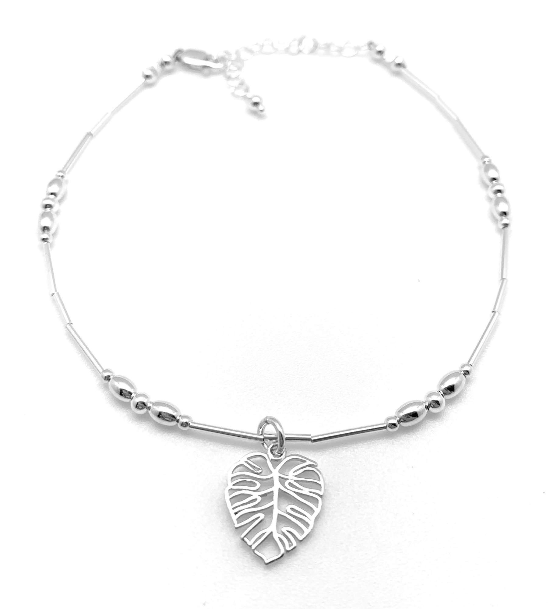 Monstera Palm Leaf Anklet Sterling Silver Beach Gift (Average Length 8 1/2"-10")