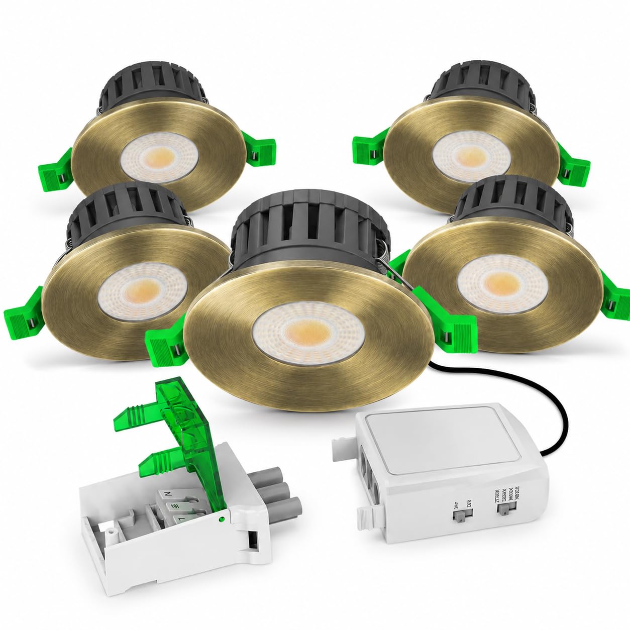 Kanlux Pack of 5 LED Fire Rated Downlights, Dimmable IP65 Waterproof Recessed Ceiling Spotlights, Multi Wattage 4-in-1 CCT, 30/60/90 Min Rated, 65mm Cut Out (Antique Brass Bezel)