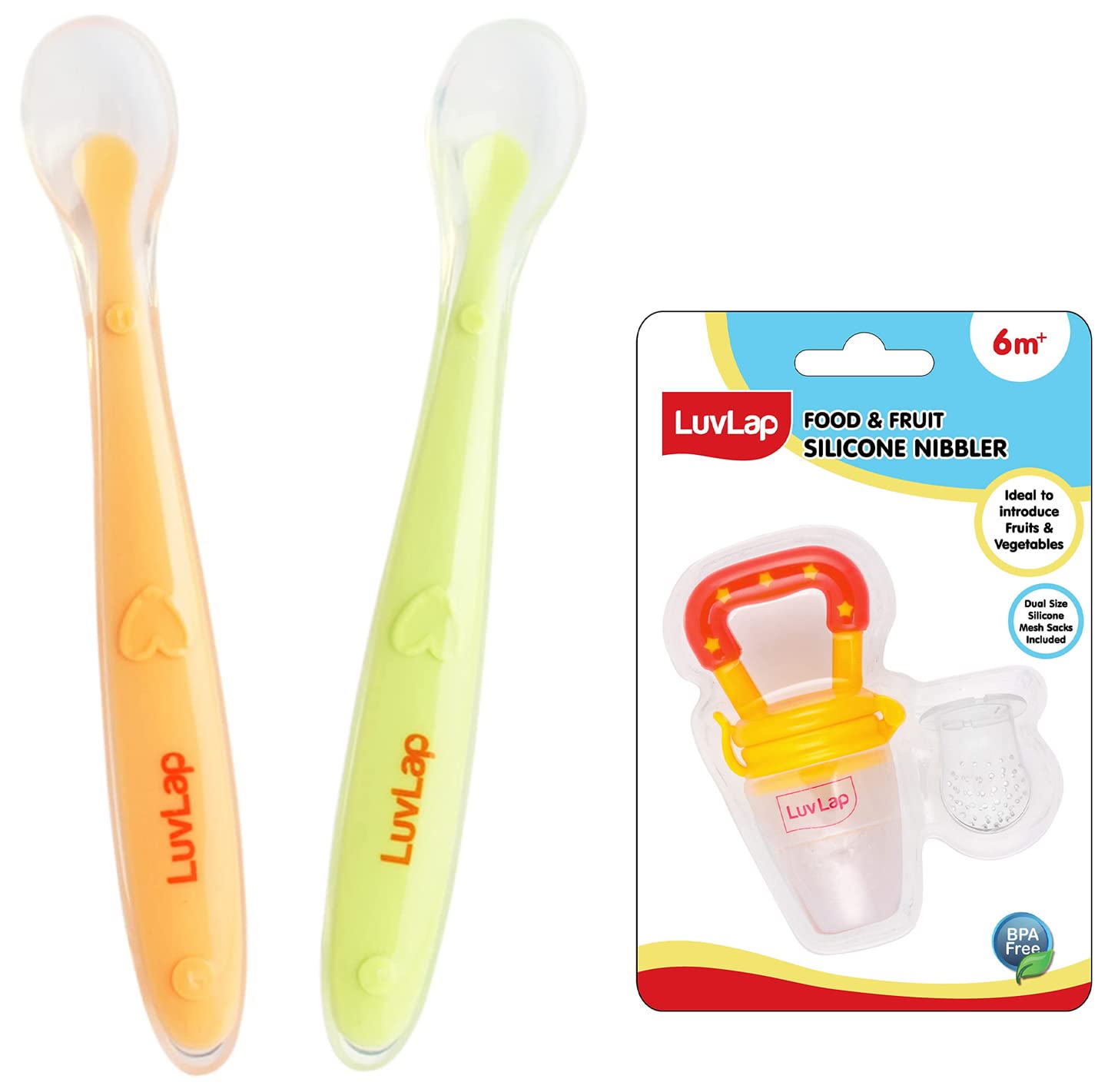 LuvLap Baby Feeding Spoon Set of 2 with Ultra Supple 100% Silicone Tip, BPA Free with Food Grade Silicone tip, for 4 Months+ (Green Pink) & Silicone Food/Fruit Nibbler with Extra Mesh, Joystar Yellow-image-22