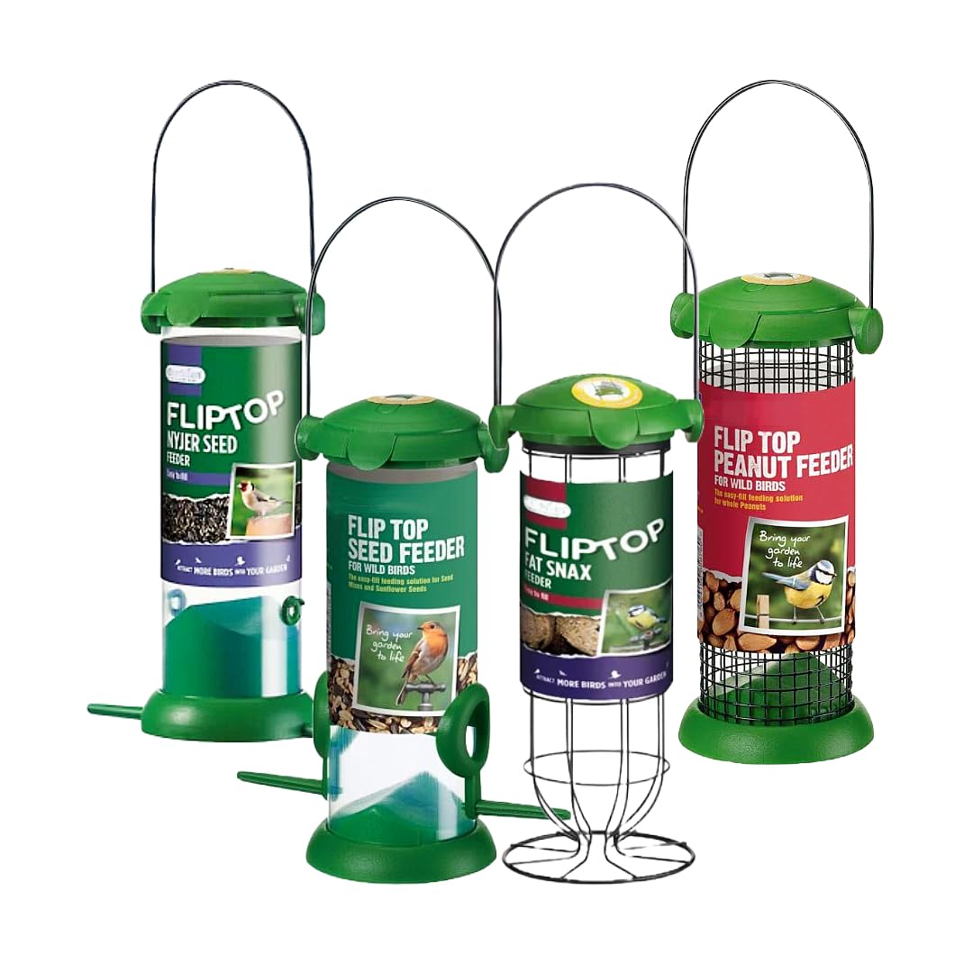 Wild Bird Food Feeders Bulk Buy - Pack 4 x Flip Top Green Plastic Wild Bird Seed, Fat Balls, Peanuts & Nyjer Seed Feeders. Bird Feeders with Topline Card for Hanging Bird Station, Hanging Pole