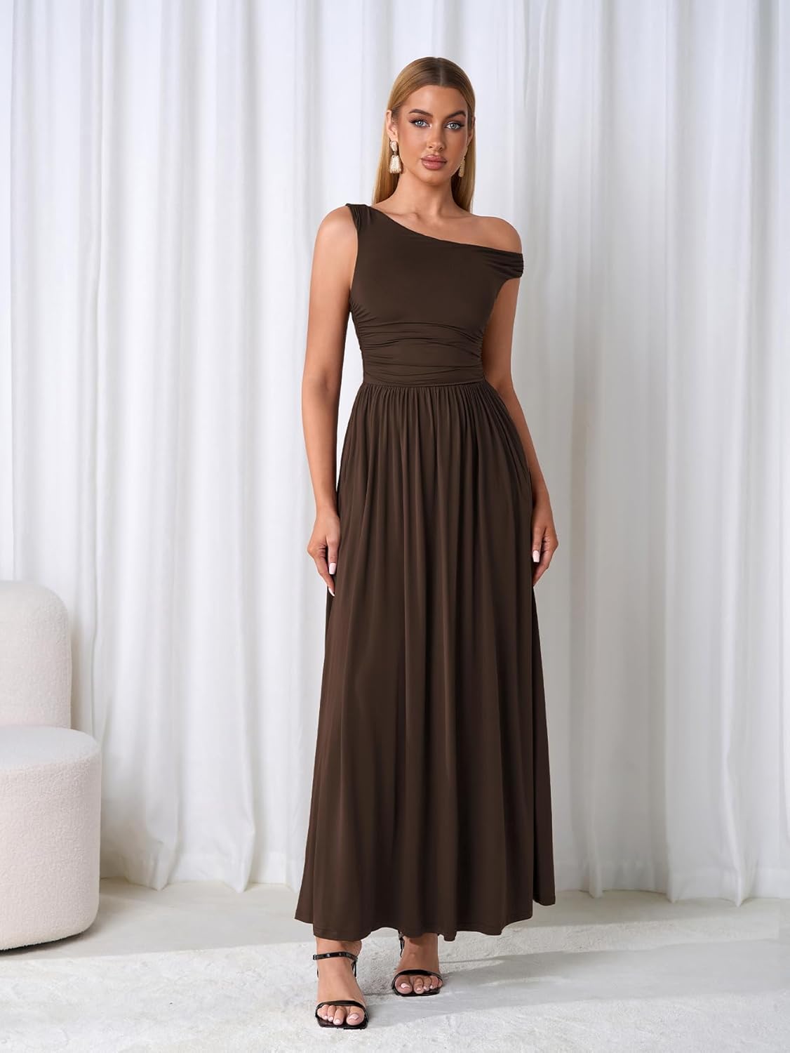 One Shoulder Maxi Dress Summer Casual A Line Wedding Guest Long Formal Dresses with Pockets - Image 2