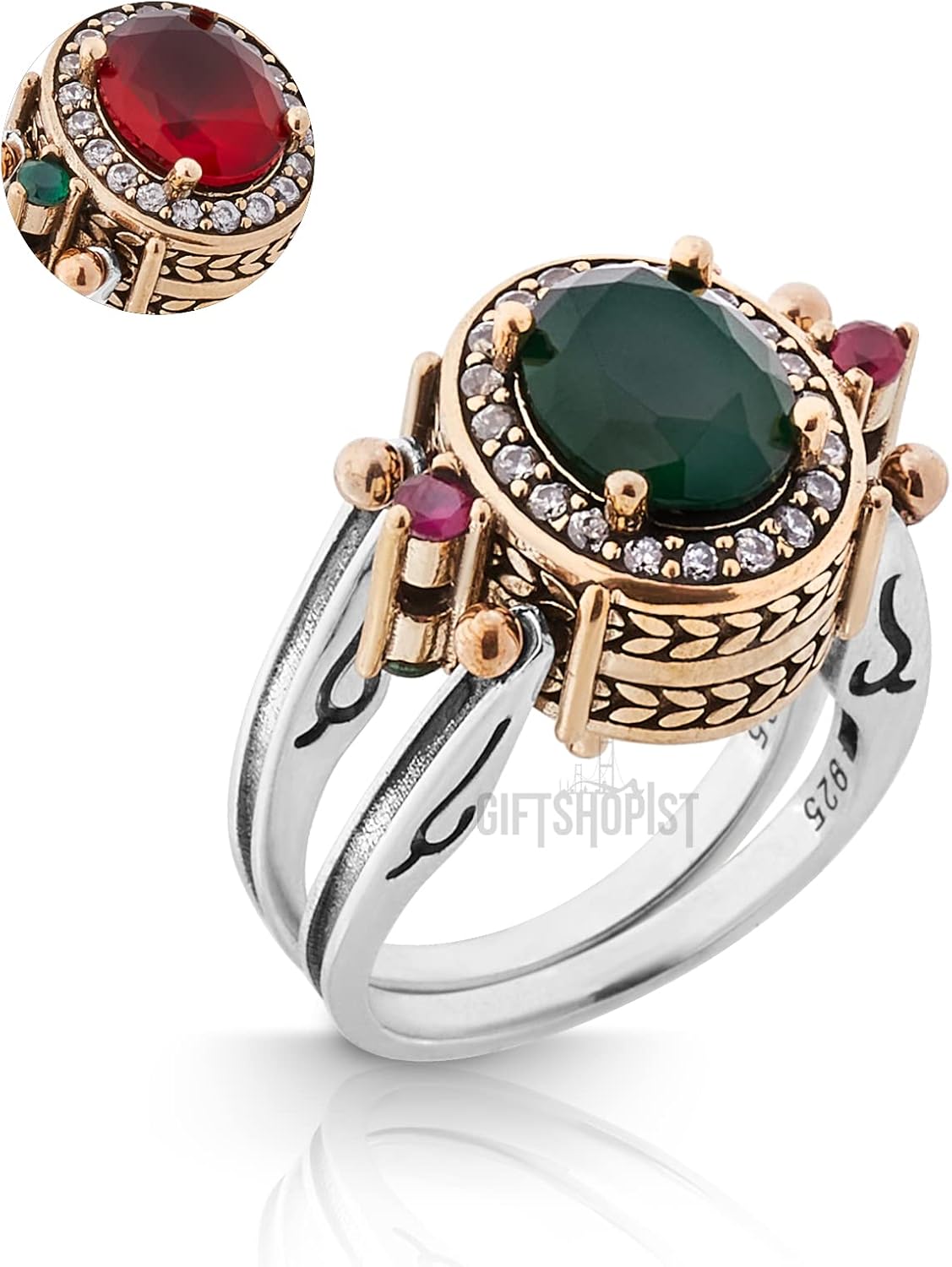 Elegant Reversible 925 Sterling Silver Ring for Women Jewelry - Handcrafted in Turkey, Featuring Oval-Cut Ruby, Emerald, Jade, and Topaz - Available in All Sizes - Image 2