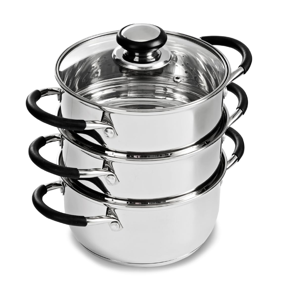 Blackmoor 3-Tiered Stainless Steel Food Steamer with 2.3L Capacity/Tempered Glass Lid with Steam Vent/All Hob Types Including Induction/Necessities Range 69849