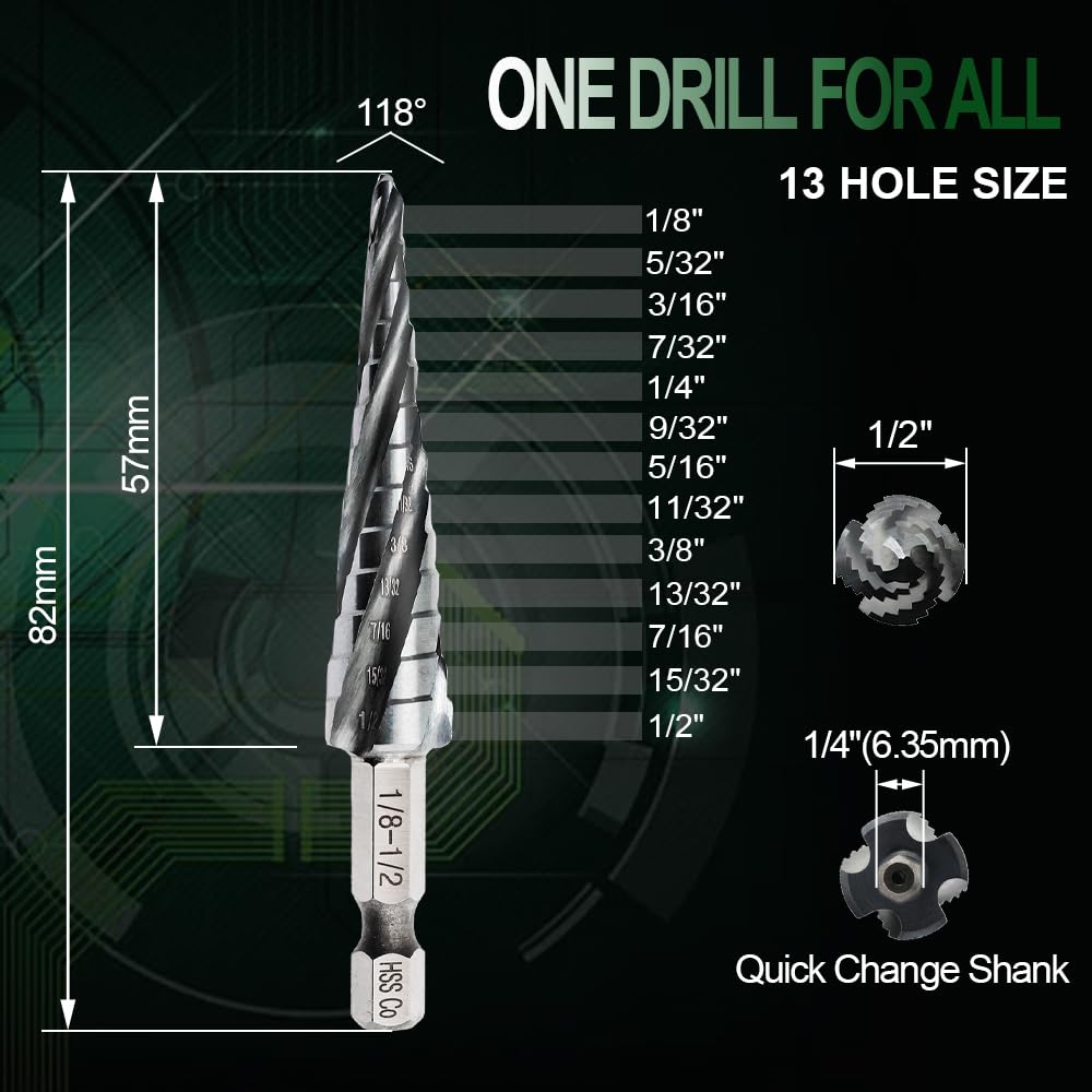 Step Drill Bits M35-1/8"- 1/2" Four Spiral Flute Cobalt Step Drill Bit 1/4" Quick Change Shank/Hex Shank High Speed Steel Drill Cone Bits for Metal Aluminum Stainless Steel Wood Plastic