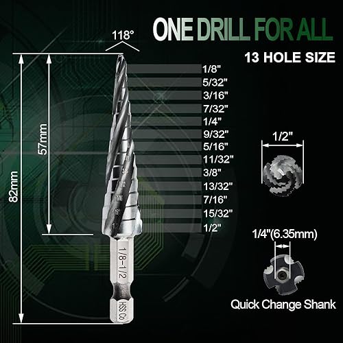 Miniatura 2 de Brocas escalonadas M35-2 piezas de 18 a 12 pulgadas, cuatro flautas en espiral, cobalto, vástago de cambio rápido de 14 pulgadas, vástago hexagonal,