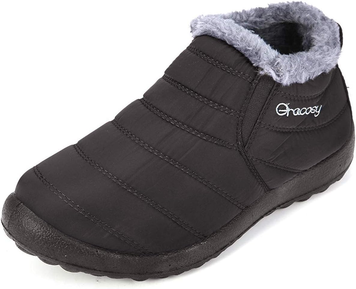gracosy Warm Snow Boots, Winter Warm Ankle Boots,Fur Lining Boots,Waterproof Thickening Winter Shoes for Women Black 8