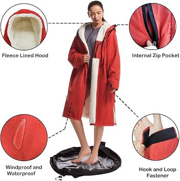 Hiturbo Waterproof Adult Changing Robe: Windproof Warm Swimming Robe Oversized Coat Surf Poncho with Fleece Lining