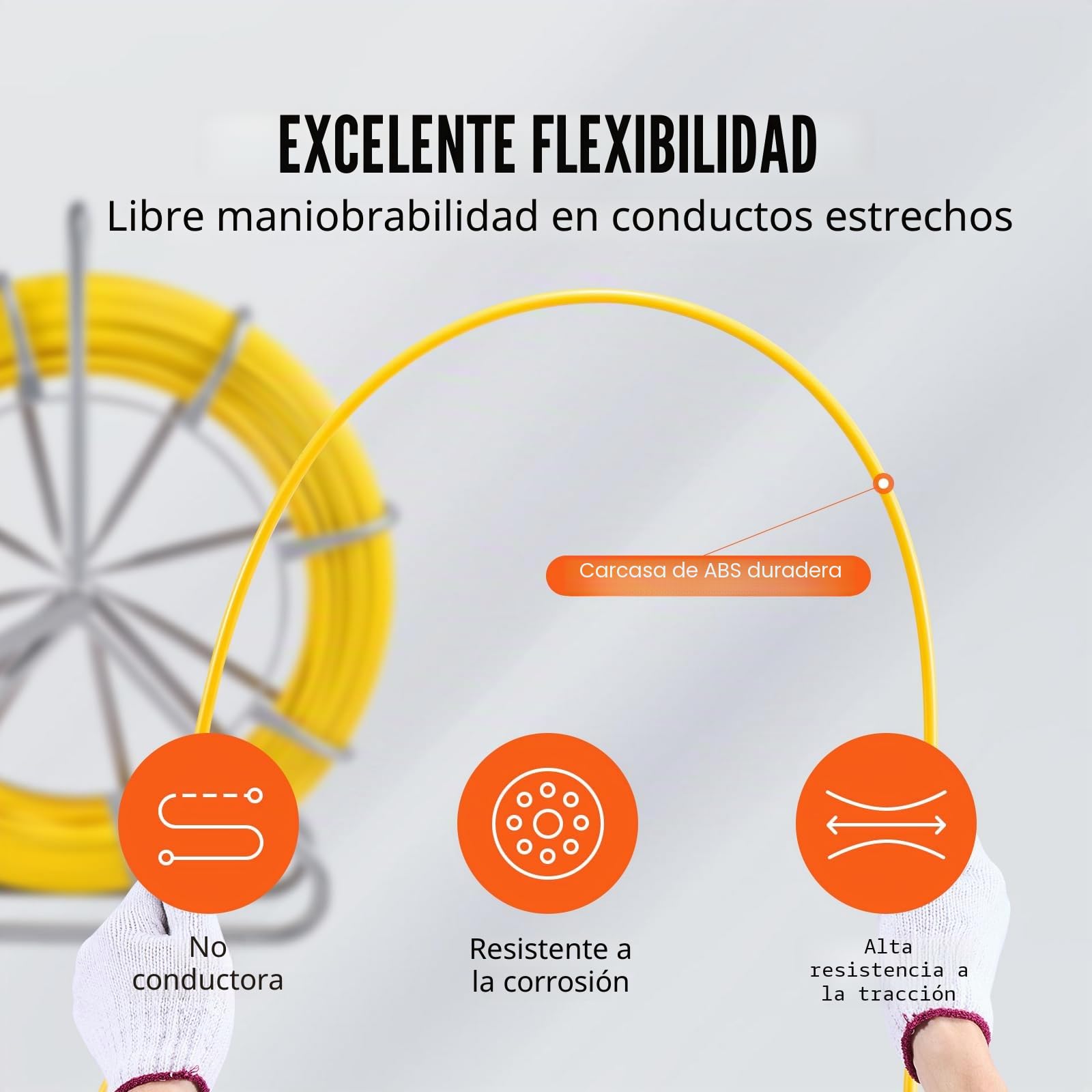 VEVOR Cinta de Pescado de Fibra de Vidrio de 200,09m Diámetro de 7,94mm Extractor de Cables con Varilla para Pasar Cables, Soporte de Carrete de Acero, 3 Cabezales de Extracción, Herramientas de Pesca