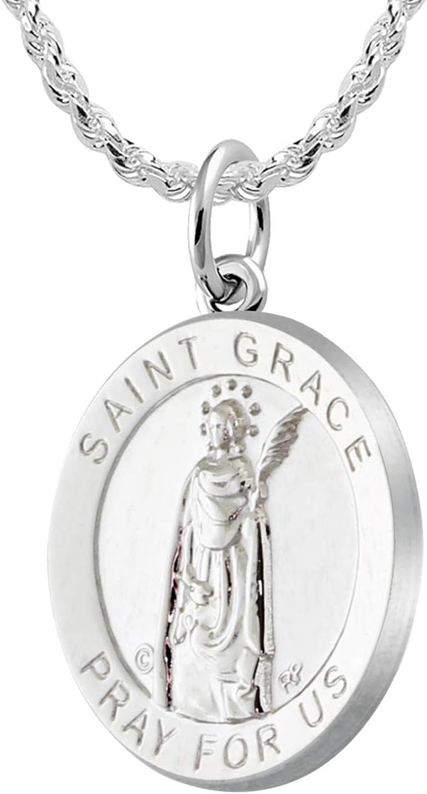 US Jewels Ladies 925 Sterling Silver 18.5mm Saint Grace Medal Pendant Necklace, 18in to 24in