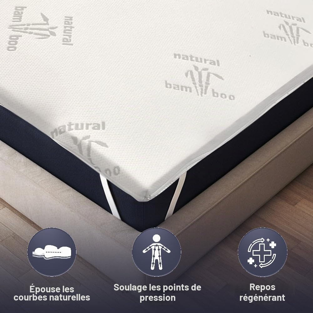 The White Stone Surmatelas en Latex Naturel 90 x 200 cm | Housse en Bambou Respirante, Antiallergique et Amovible | Épaisseur 5 cm | Surmatelas Correcteur avec Élastiques de Maintien aux Coins