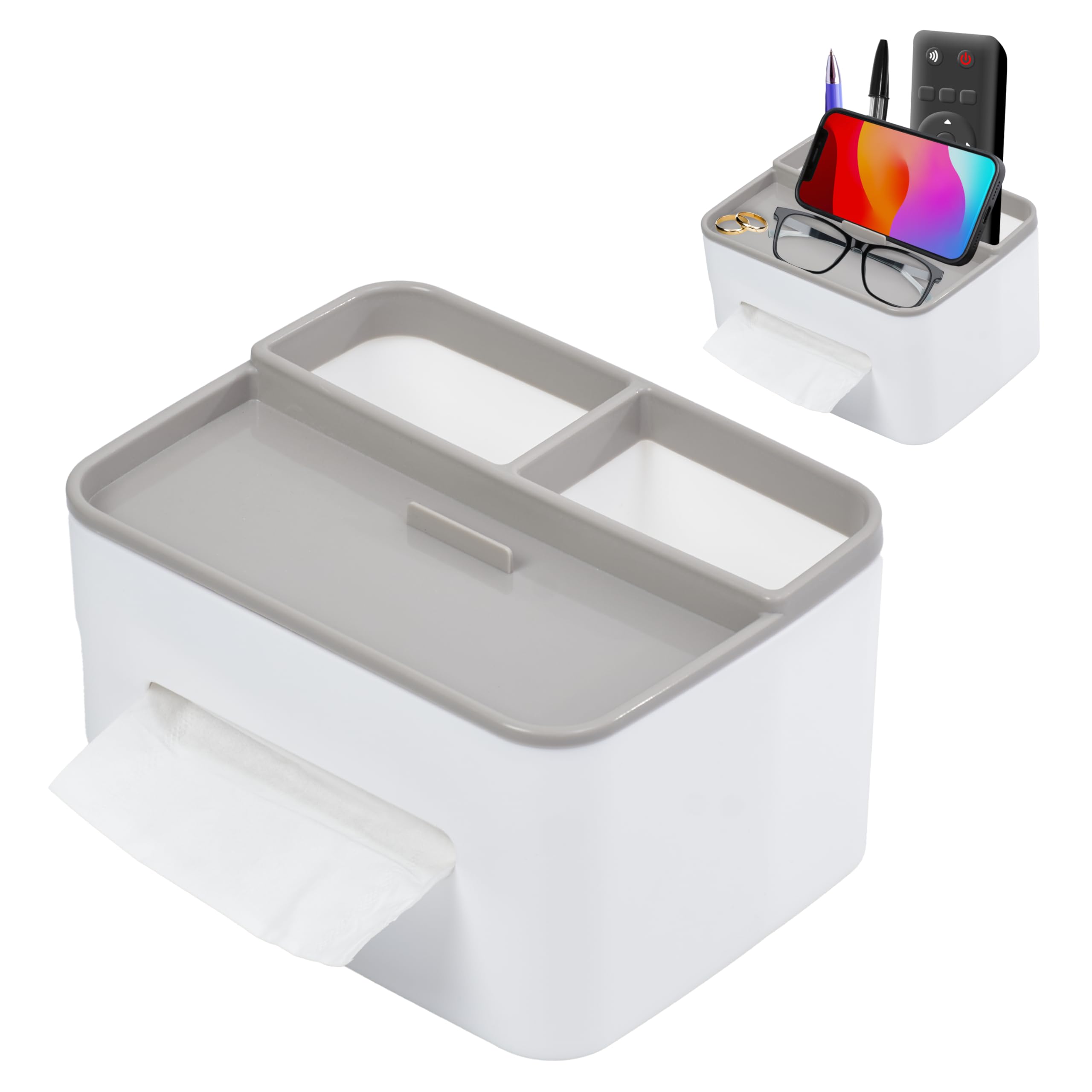 Brynnberg Multifunctional Tissue Box Organizer Caddy - Tissue Dispenser with Holder for Tablet, Cell Phone & Keys - Modern Napkin Storage Organizer for Bathroom, Kitchen, or Bedroom (5" Hx6 Lx8 W)