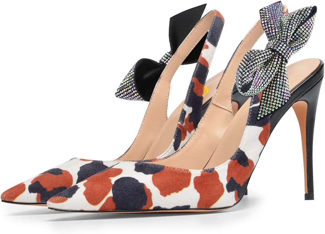 FSJ Women Cute Pointed Toe Stiletto High Heel Ankle Strap Pumps Rhinestone Bowknot Slingback Slip On Party Dress Shoes Size 4-15 US