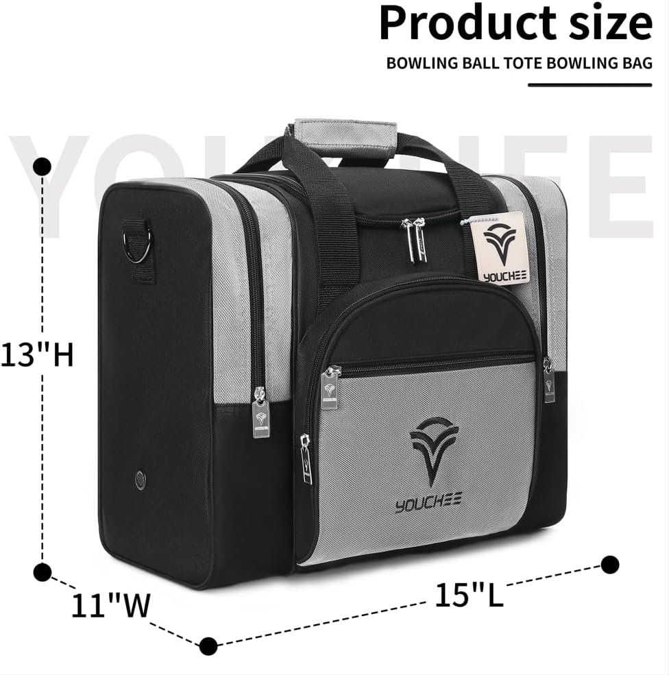 Single Ball Bowling Bag with Padded Ball Cup, Fits Men's Bowling Shoes Up to Size 15, Durable 600D Fabric Bowling Tote with Accessory Pockets for League & Practice