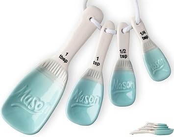 Comfify Ceramic Mason Jar Spoon Set Aqua Blue Nesting Design with Vintage Ribbon 14, 12, 1, 1 Tbsp Rustic Farmhouse Kitchen Decor