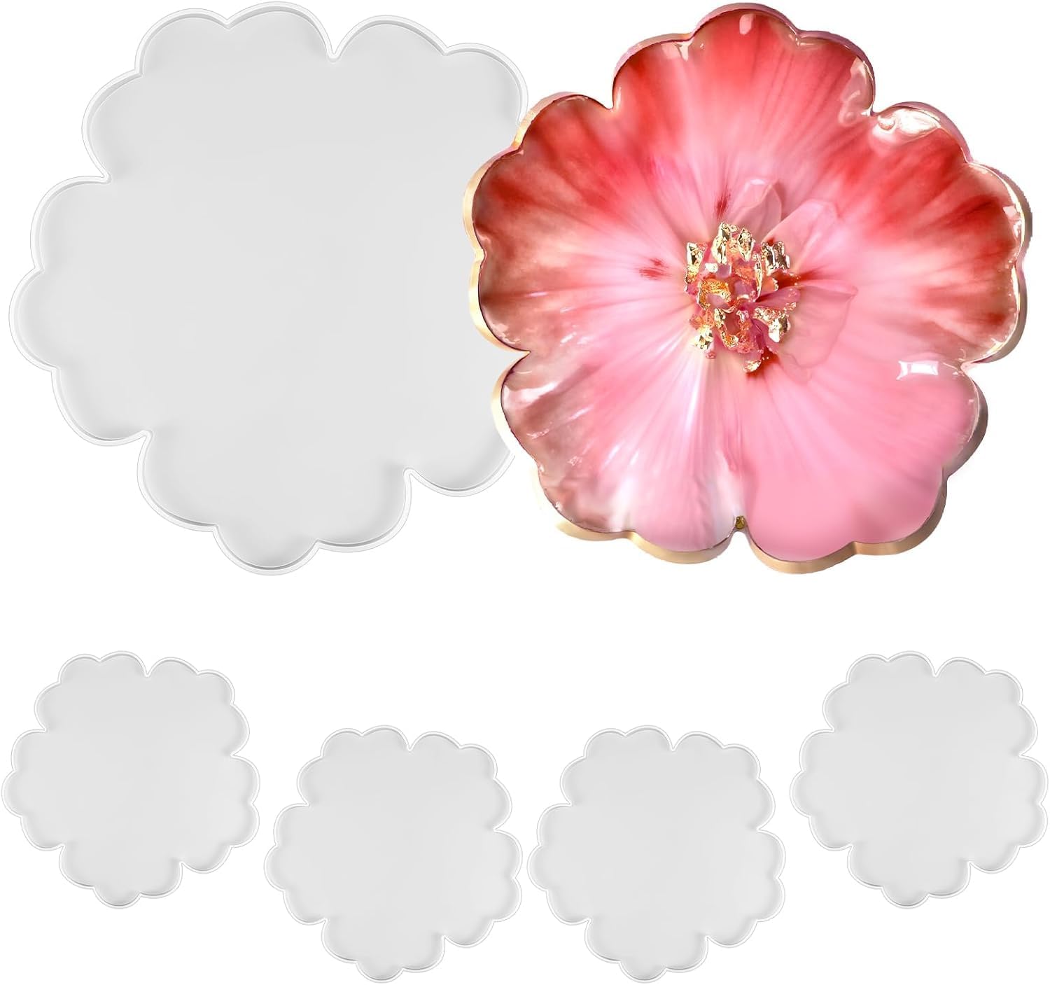 Curated Cart 4 PCS Flower Design Silicone Coaster Moulds for Epoxy Resin Art, DIY Agate Coaster, Cup Mat & Tray Casting Mould Set for Home Craft Projects