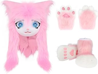 COSYEARS Cat Paw Mittens Gloves Furry Shoes Fursuit Animal Head Mask Halloween Masquerade Costume Accessories Set