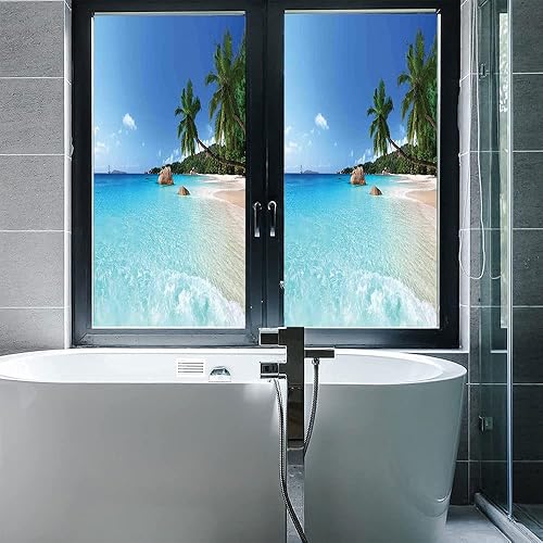 Vista 16 de Tropic - Película 3D para ventana, palmeras tropicales oceánicas en isla soleada, imagen panorámica, para puerta de cristal, baño, sala de estar