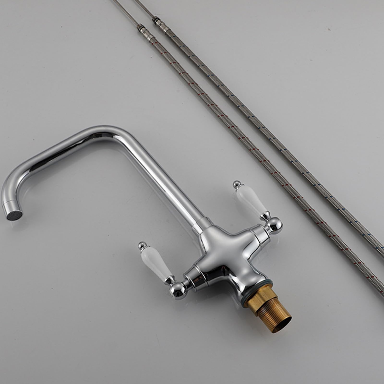 Grifo de Cocina Caño Alto con Dos Manijas de Cerámica Grifo Mezclador Cocina Giratorio 360° Latón Un Solo Orificio,Cromado