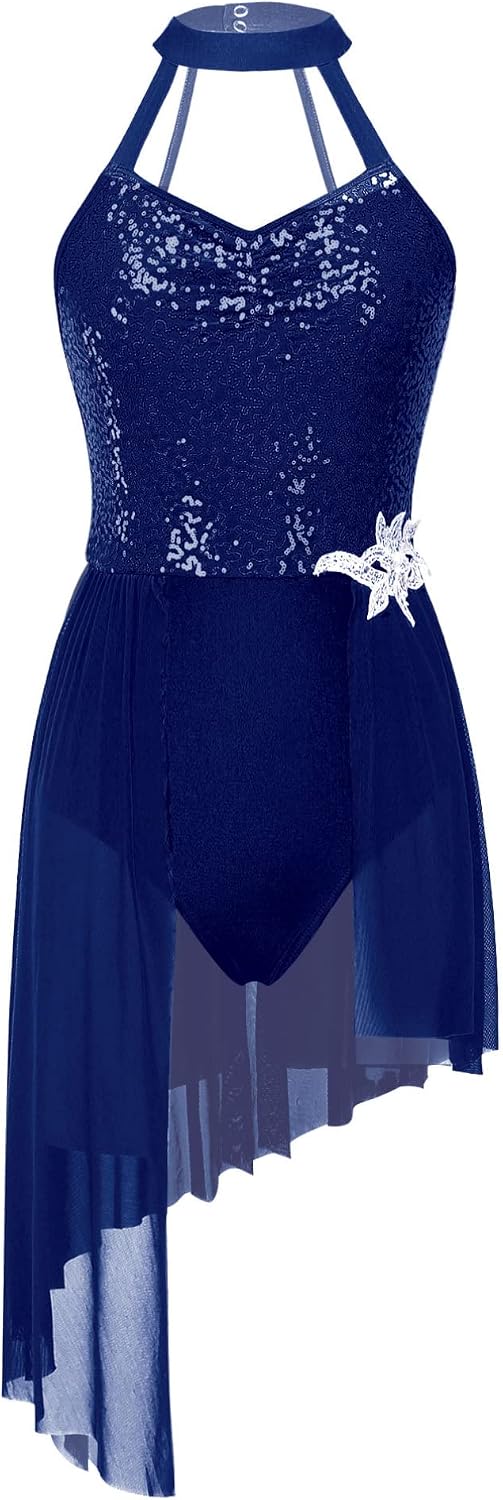 TiaoBug Women's Adult Lyrical Dance Dress Sparkly Sequins Sleeveless Mesh Skirted Leotard Dancewear