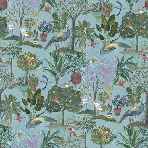 World of Wallpaper Paradise Garden Hand-Painted Tropical, Birds and Exotic Woodland Style Wallpaper for Feature Walls, Bedrooms, Living Rooms Blue (WOW177)