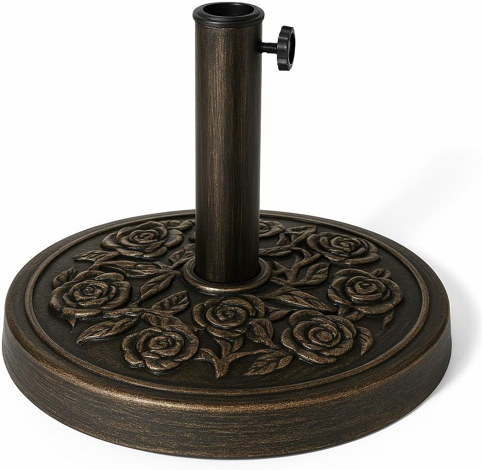 KEPLIN 12kg Cast Iron Effect Parasol Base with Floral Pattern – Heavy Duty Metal Garden Patio Furniture Stand for Umbrella, Canopy, Gazebo, Awning etc. – Diameter 45mm (12 Kg, Bronze)