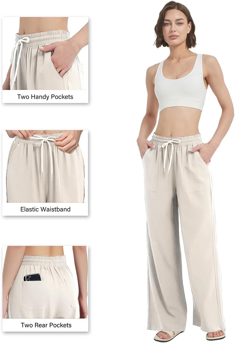 Womens Linen Wide Leg Casual Long Pants with Pockets Breathable Palazzo Trousers for Women S M L XL - Image 4