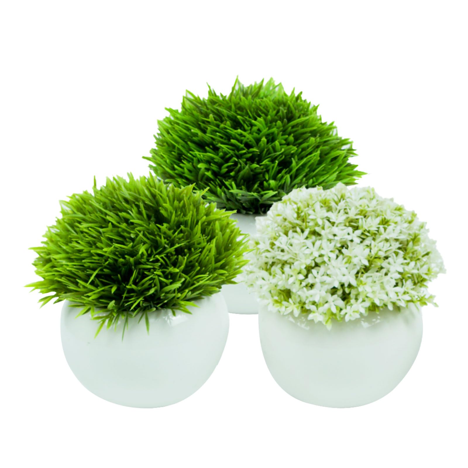 Airbirhom Set of 3 Artificial Potted Grass & Flower Plants in White Ceramic Pots – Mini Faux Greenery for Home Décor, Office, Desk, Table Centerpieces & Indoor Decorations