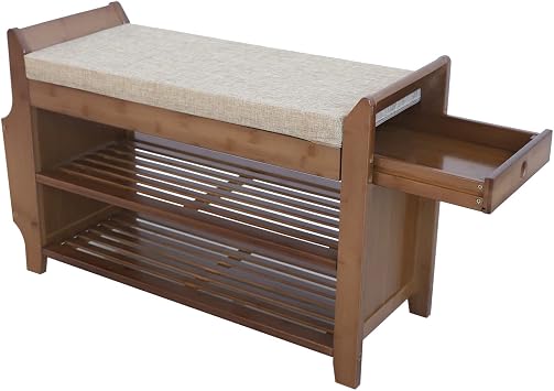 Bamboo Shoe Rack 2 Tier Bench w/Removable Cushion, Hidden Drawer and Side Storage Basket, Entryway Organizer Shelf for Living Room, Bedroom and Bathroom