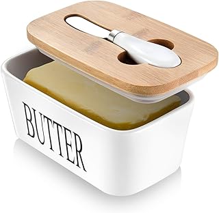 Butter Dish with Lid for Countertop Large Butter Dish Ceramics Butter Keeper Container with Knife and High-Quality Silicone Sealing Butter Dishes with Covers Good Kitchen Gift White