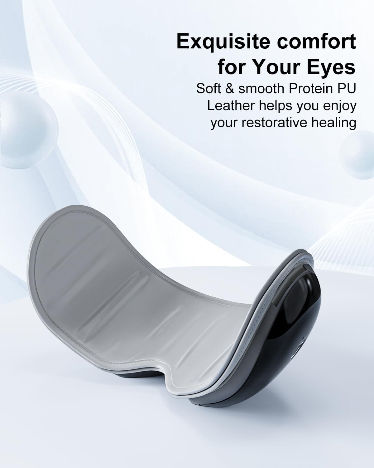 Morelax EYE-X1 Eye Massager showing control buttons for power, track selection, and volume.