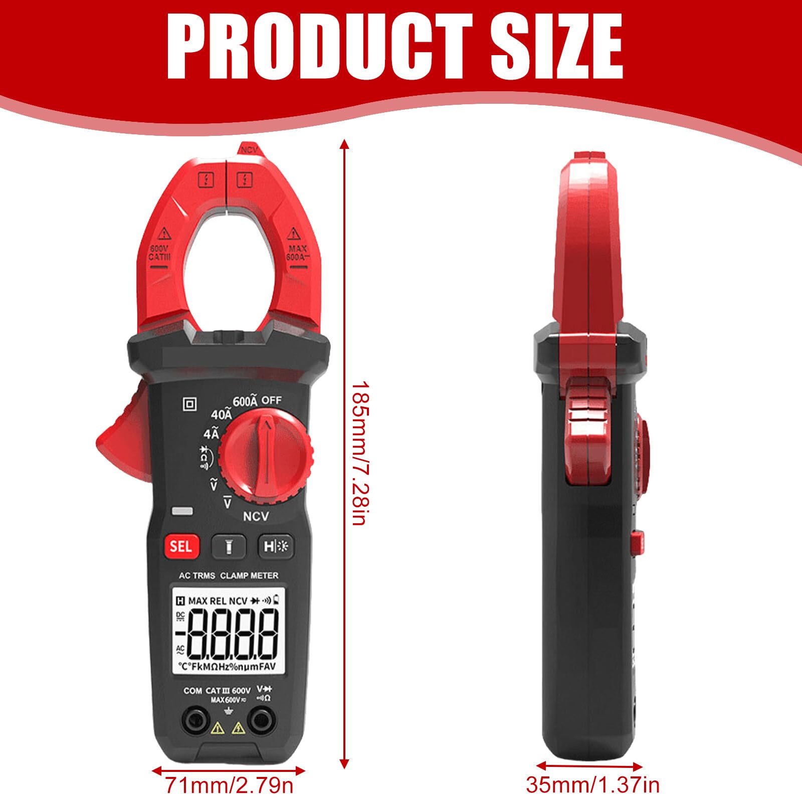 Stromzange, 6000 Counts Strommesszange 600A AC/DC, Zangenamperemeter mit Taschenlampenfunktion, Strommessgerät Zangenmultimeter Misst Spannung Kapazität Durchgang
