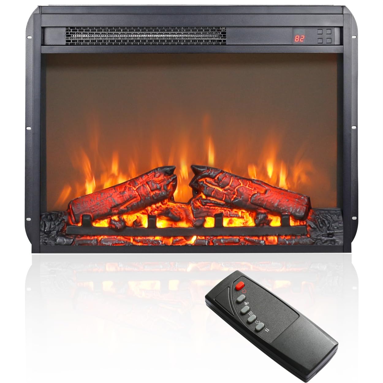 Electric Fireplace, 23 Inch Electric Fireplace Insert, Fireplace Heater, Ultra Thin Heater with Log Set and Realistic Flame, Remote Control with Timer, Overheating Protection, Antique Black
