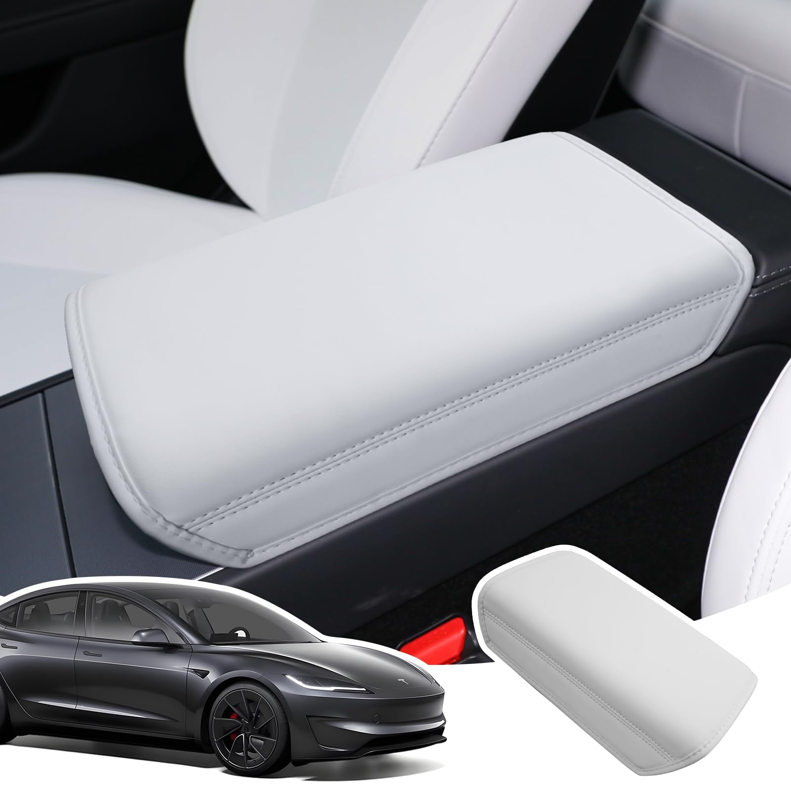 Pokrowiec na Podłokietnik dla Tesla Model 3 Highland 2024-2026 | Ochrona Podłokietnika Konsoli Środkowej, Tworzywo Pogrubiona Skóra PU, Akcesoria do Podnoszenia Podłokietnika, Biały