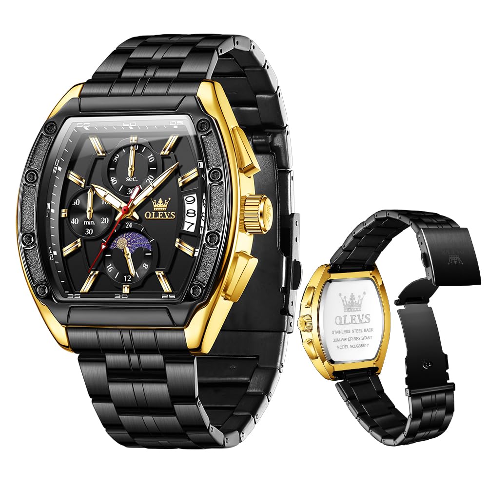 OLEVS Men Watch Stainless Steel Waterproof Two Tone Analog Quartz Chronograph Moon Phase Date Dress Big Face Luminous Luxury Business Fashion Casual Dress Multifunction Men's Wrist Watches