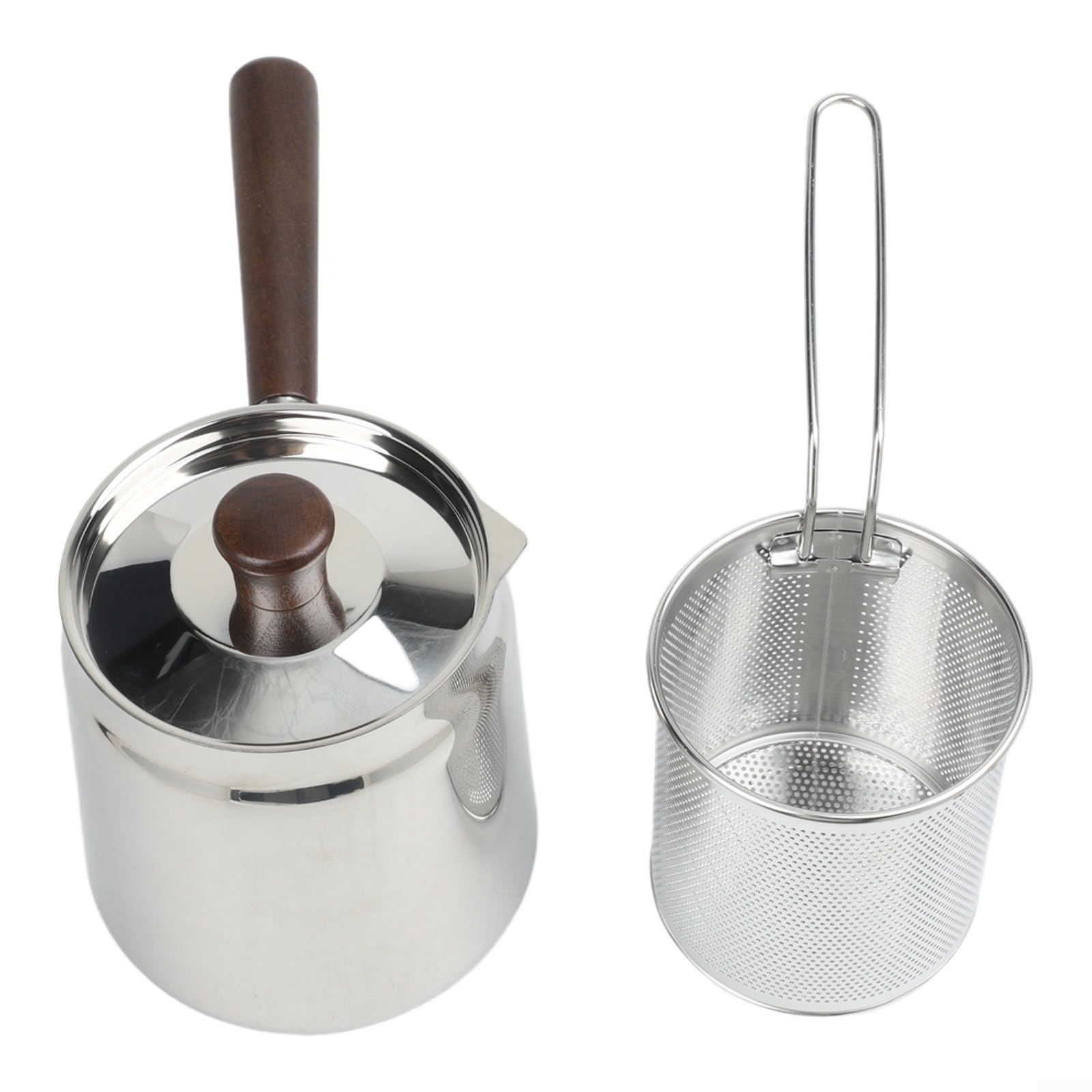 Freidora de para acero Inoxidable 304 con Mango de Nogal y Cesta 1.5L para Cocina Gas e Inducción Utensilio (A-2)