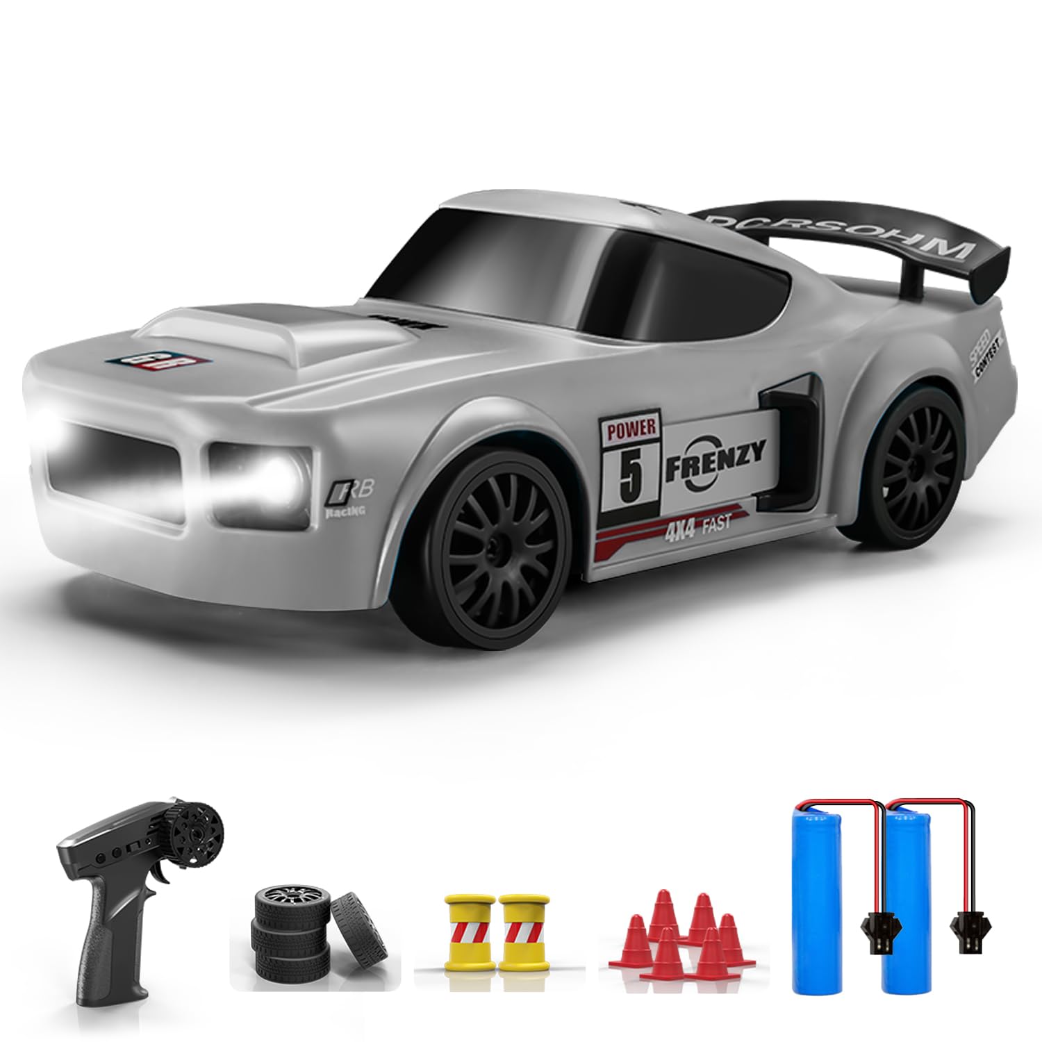 ACAMMZAR Remote Controlled Car, 1:24 20 km/H RC Drift Car, 4WD RC Car with LED Lights, Two Batteries, for Children and Adults from 4,5,6,7,8 + Years, Grey