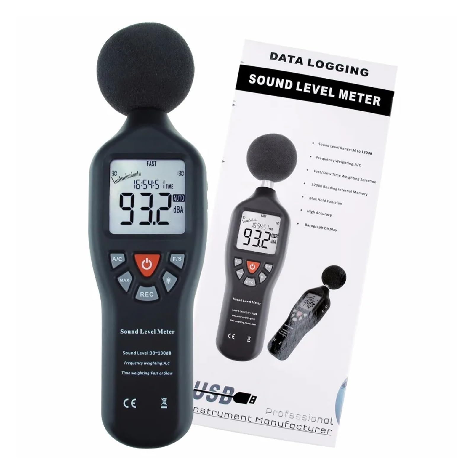 Sonómetro Digital de decibelios 30dB-130dB con función de grabación de Datos, CD con Software y Grabador de Ruido.