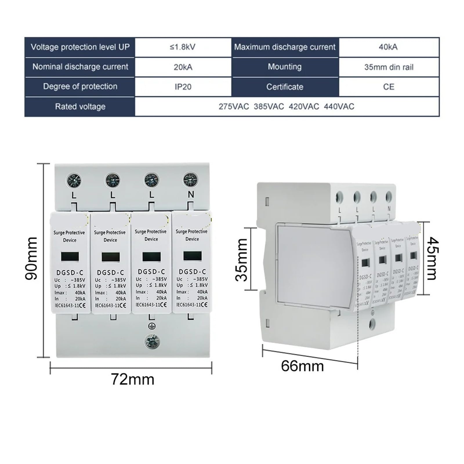 AC SPD 4P House Lightning Surge Protector 10-20KA 20-40KA 30-60KA 385V Protective Low-voltage Arrester Device 3P+N(10-20KA)