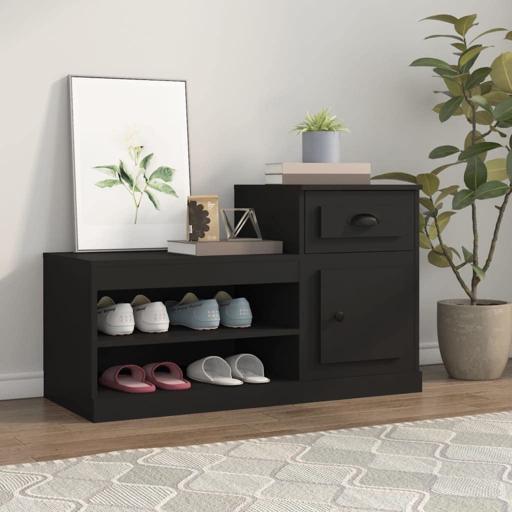 Szafka na buty, czarna, materiał drewnopochodny, 100 x 42 x 60 cm, z zamkniętym przechowywaniem i funkcją organizera, zajmuje mało miejsca, do korytarza, przedpokoju, regał na buty z drzwiami