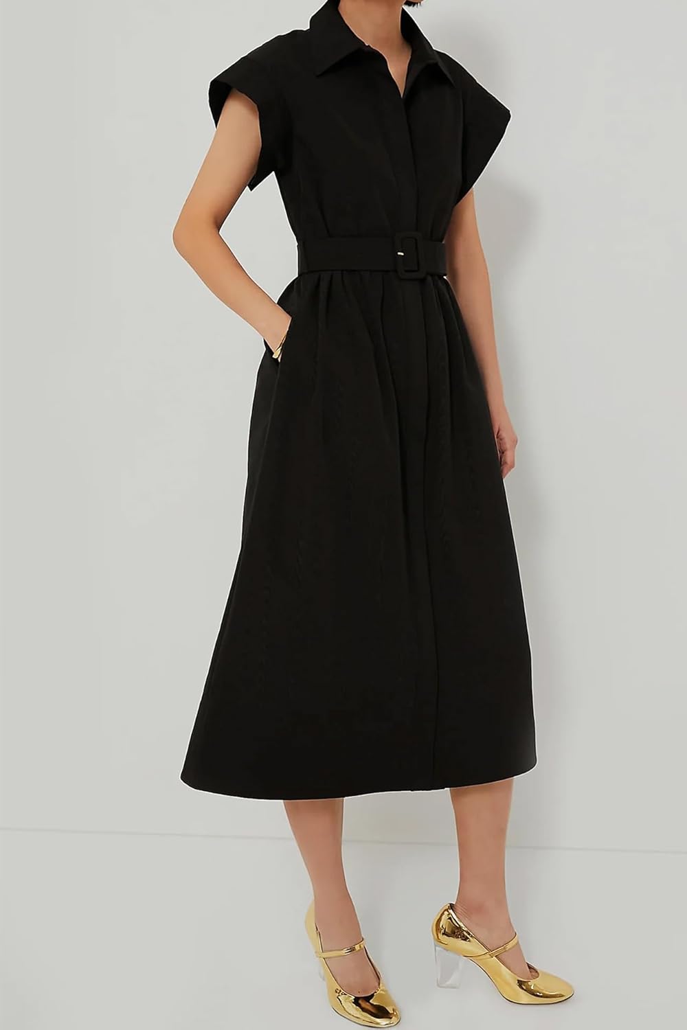 Womens Turn Down Collar Shirt Dress Short Wing Sleeve Button Down Dress Trench Coat Formal Elegant Dress with Belt - Image 3