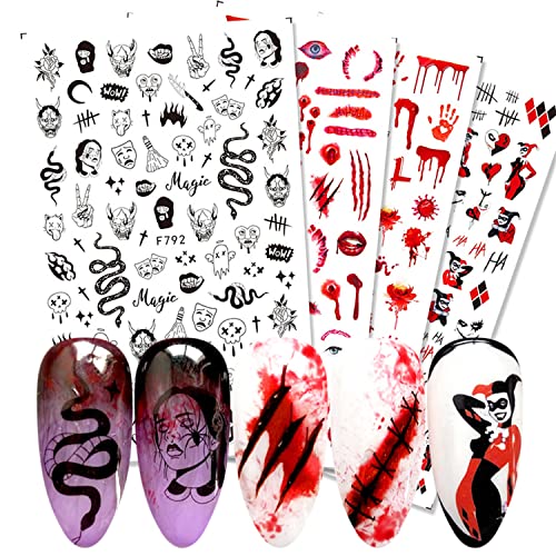 LukyTimo 4 Fogli Adesivi per Unghie Artistiche Halloween, Teschio 3D, Vinile, Brillante, Uso Singolo, Indoor, Unghie, Donne, Autunno
