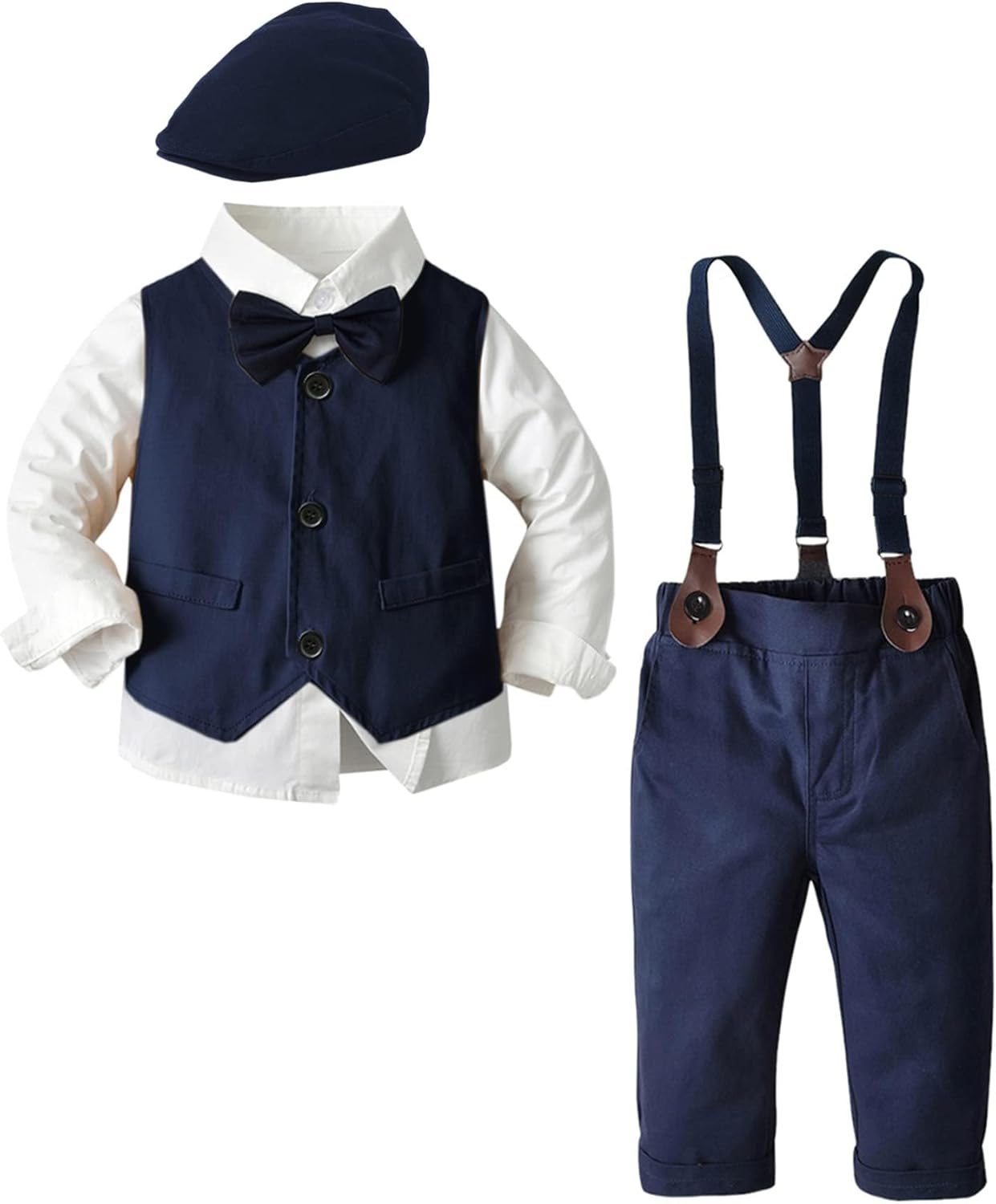 SANGTREE Boys Kids Little Boy Formal Suits Clothes Set, Shirt with Bow Tie Beret Hat Suspender Pants Sets, 3 Months - 9 Years