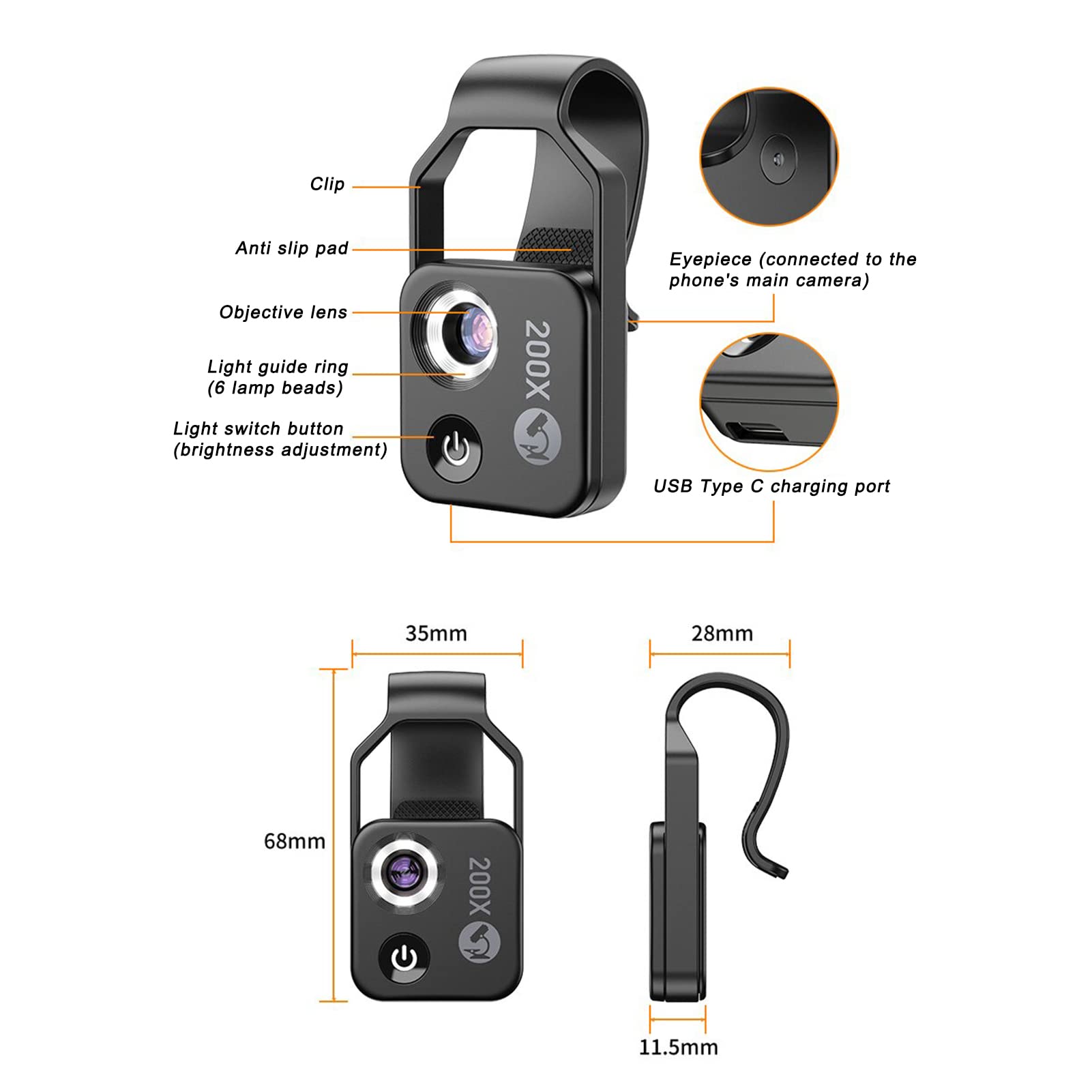 FLEXMAN Mobile Phone Microscope, 200X Microscopio USB Portátil con CPL, USB con Clip Universal para Teléfono con Lente CPL, Mini Microscope Macro Lens Smartphone, Accesorios Cámara Microscopio Digital