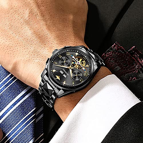 Image of OLEVS Mens Watches Skeleton Mechanical Black Watches for Men Wrist Watches Automatic Luxury Tungsten Steel Sapphire Crystal Waterproof Luminous Gold and Black