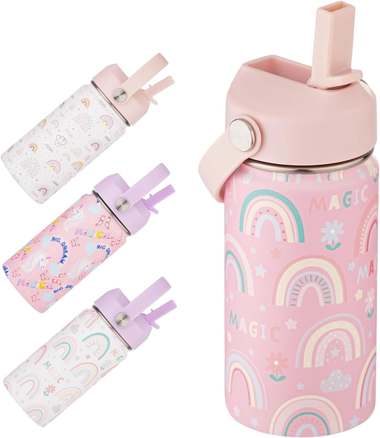 CUXFLS Kids Water Bottle with Straw 12 oz - Insulated Stainless Steel Sports Bottle, Leakproof Wide Mouth Thermal Cup with Straw & Handle Lids for School Travel Outdoor Activities