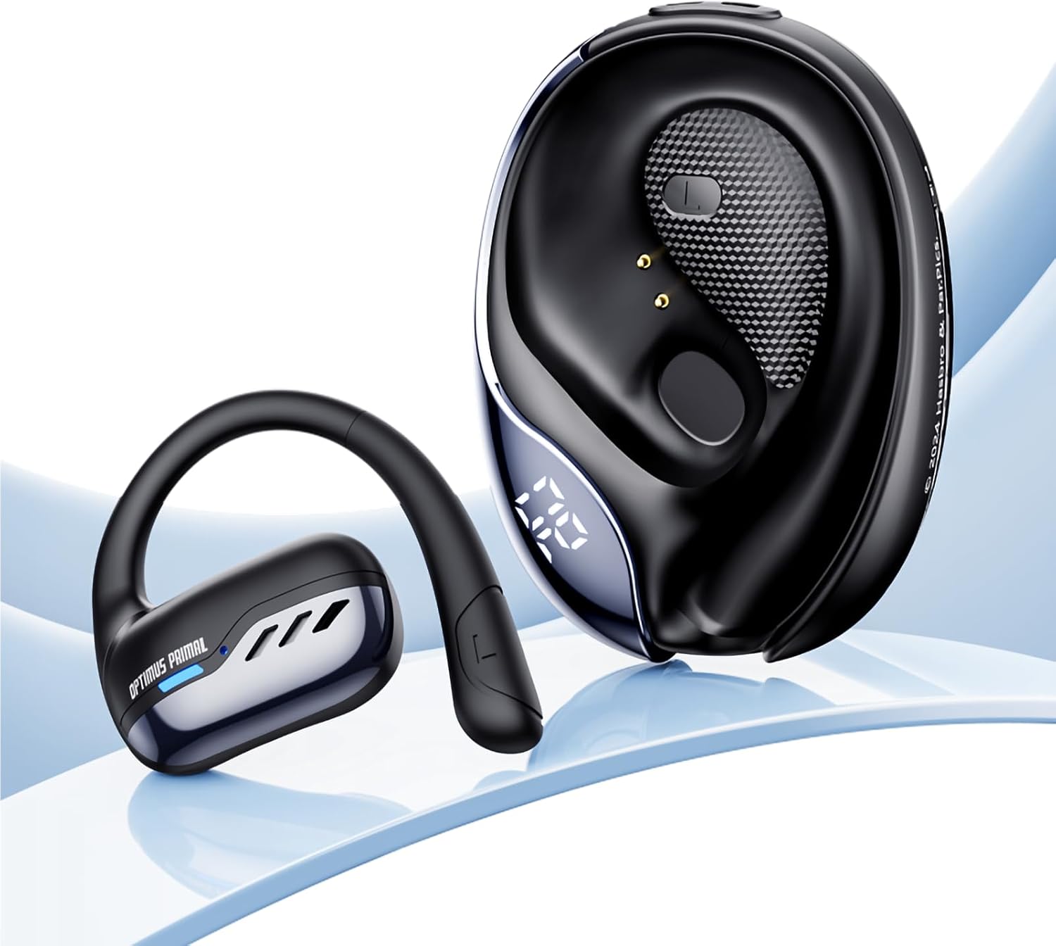 Transformers TF-T55 Open-Back Bluetooth Wireless Earbuds, Sleek Wing-Like Design Passive Noise Cancelling in-Ear Cool HiFi Calling Dual Modes Sports Earphones LED Display (Black - Optimus Primal)